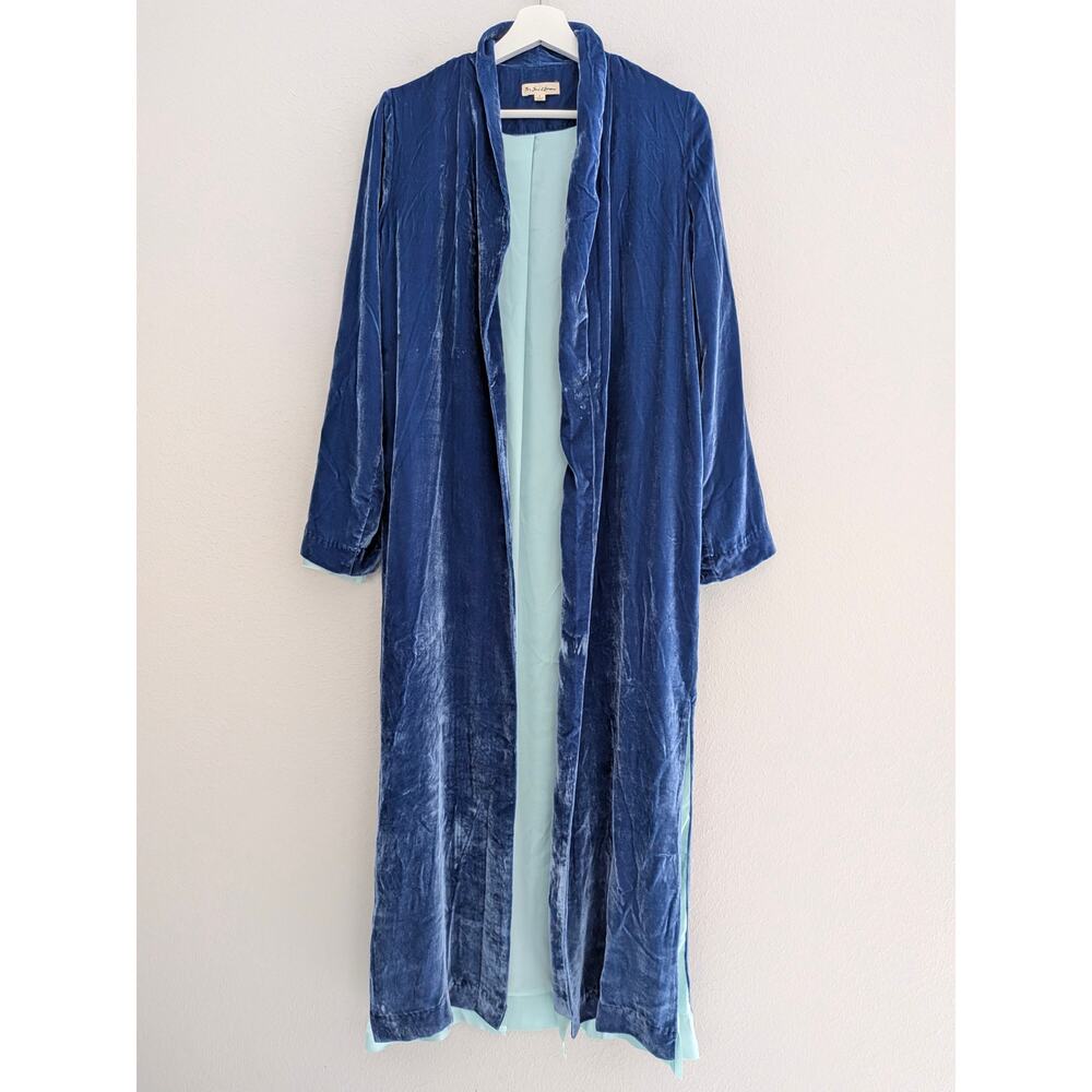 For Love & Lemons Nadine Velvet Coat Cobalt Blue Size Small Long Trench Duster - Picture 2 of 10